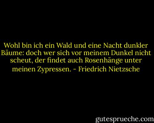 Wohl bin ich ein Wald und eine Nacht dunkler Bäume: doch wer sich vor meinem Dunkel nicht scheut, der findet auch Rosenhänge unter meinen Zypressen. - Friedrich Nietzsche