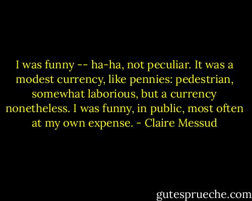 I was funny -- ha-ha, not peculiar. It was a modest currency, like pennies: pedestrian, somewhat laborious, but a currency nonetheless. I was funny, in public, most often at my own expense. - Claire Messud