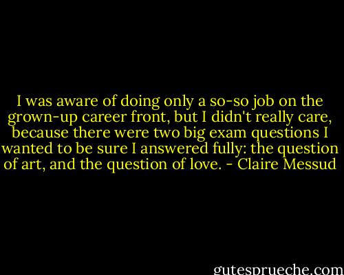 I was aware of doing only a so-so job on the grown-up career front, but I didn't really care, because there were two big exam questions I wanted to be sure I answered fully: the question of art, and the question of love. - Claire Messud