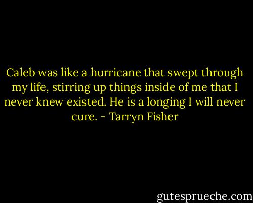 Caleb was like a hurricane that swept through my life, stirring up things inside of me that I never knew existed. He is a longing I will never cure. - Tarryn Fisher