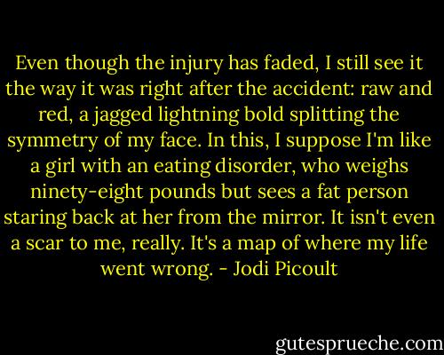 Even though the injury has faded, I still see it the way it was right after the accident: raw and red, a jagged lightning bold splitting the symmetry of my face. In this, I suppose I'm like a girl with an eating disorder, who weighs ninety-eight pounds but sees a fat person staring back at her from the mirror. It isn't even a scar to me, really. It's a map of where my life went wrong. - Jodi Picoult
