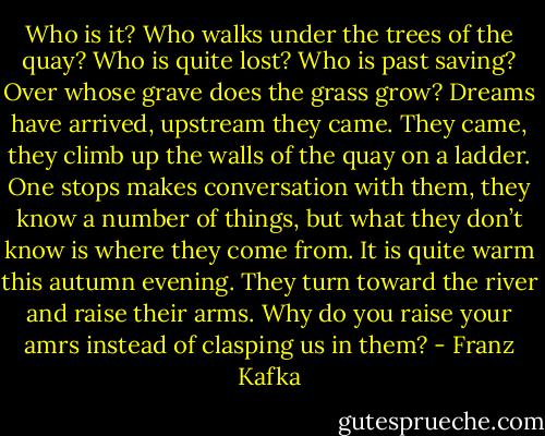 Who is it? Who walks under the trees of the quay? Who is quite lost? Who is past saving? Over whose grave does the grass grow? Dreams have arrived, upstream they came. They came, they climb up the walls of the quay on a ladder. One stops makes conversation with them, they know a number of things, but what they don’t know is where they come from. It is quite warm this autumn evening. They turn toward the river and raise their arms. Why do you raise your amrs instead of clasping us in them? - Franz Kafka