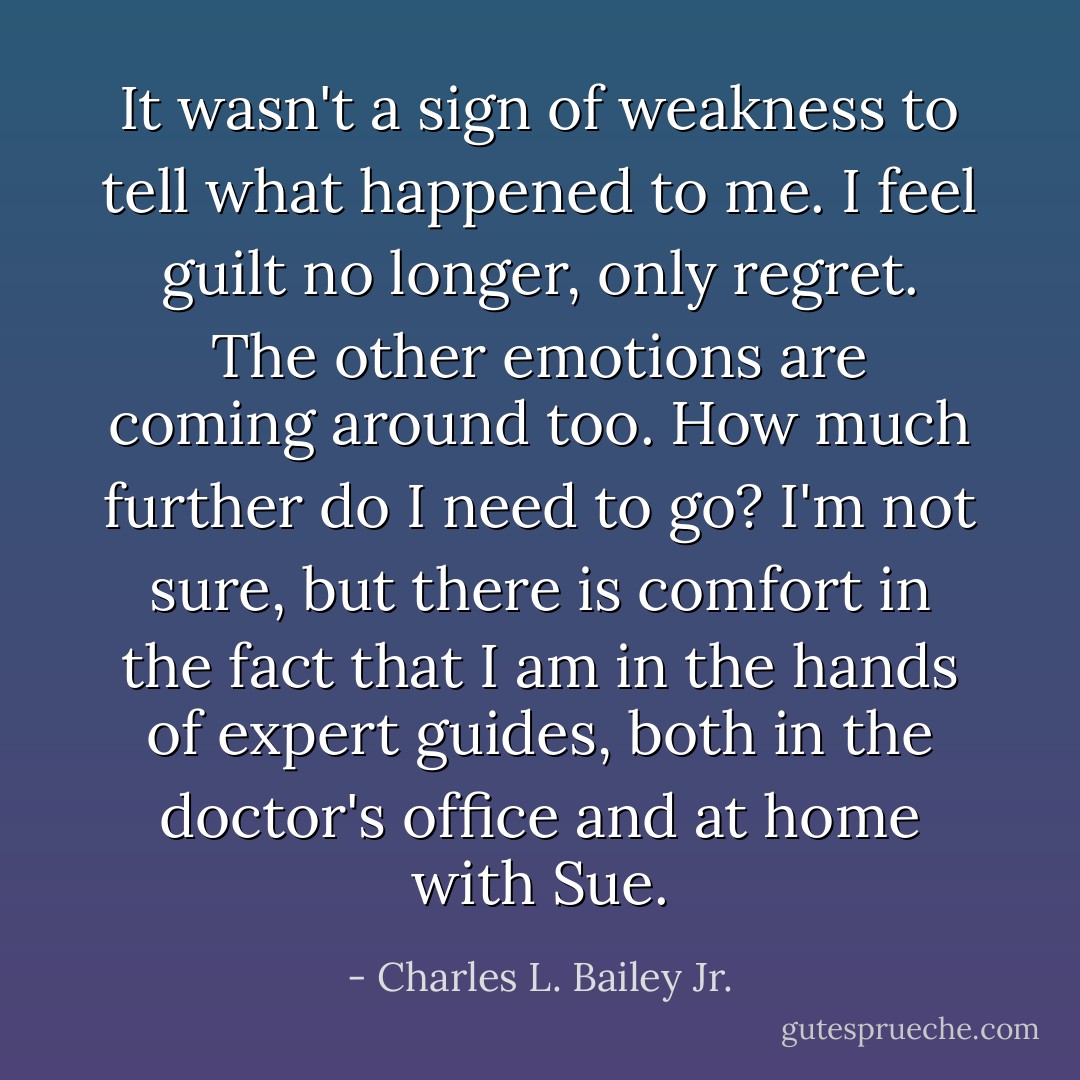 It wasn't a sign of weakness to tell what happened to me. I feel guilt no longer, only regret. The other emotions are coming around too. How much further do I need to go? I'm not sure, but there is comfort in the fact that I am in the hands of expert guides, both in the doctor's office and at home with Sue. - Charles L. Bailey Jr.