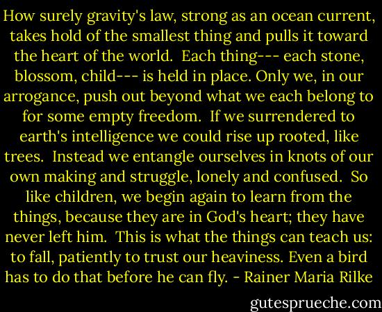 How surely gravity's law,<br />strong as an ocean current,<br />takes hold of the smallest thing<br />and pulls it toward the heart of the world.<br /><br />Each thing---<br />each stone, blossom, child---<br />is held in place.<br />Only we, in our arrogance,<br />push out beyond what we each belong to<br />for some empty freedom.<br /><br />If we surrendered<br />to earth's intelligence<br />we could rise up rooted, like trees.<br /><br />Instead we entangle ourselves<br />in knots of our own making<br />and struggle, lonely and confused.<br /><br />So like children, we begin again<br />to learn from the things,<br />because they are in God's heart;<br />they have never left him.<br /><br />This is what the things can teach us:<br />to fall,<br />patiently to trust our heaviness.<br />Even a bird has to do that<br />before he can fly. - Rainer Maria Rilke