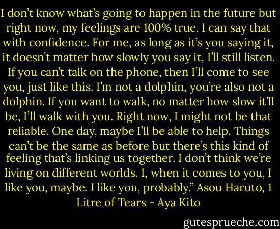 I don’t know what’s going to happen in the future but right now, my feelings are 100% true. I can say that with confidence. For me, as long as it’s you saying it, it doesn’t matter how slowly you say it, I’ll still listen. If you can’t talk on the phone, then I’ll come to see you, just like this. I’m not a dolphin, you’re also not a dolphin. If you want to walk, no matter how slow it’ll be, I’ll walk with you. Right now, I might not be that reliable. One day, maybe I’ll be able to help. Things can’t be the same as before but there’s this kind of feeling that’s linking us together. I don’t think we’re living on different worlds. I, when it comes to you, I like you, maybe. I like you, probably.”<br />Asou Haruto, 1 Litre of Tears - Aya Kito