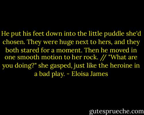 He put his feet down into the little puddle she'd chosen. They were huge next to hers, and they both stared for a moment. Then he moved in one smooth motion to her rock. // "What are you doing?" she gasped, just like the heroine in a bad play. - Eloisa James