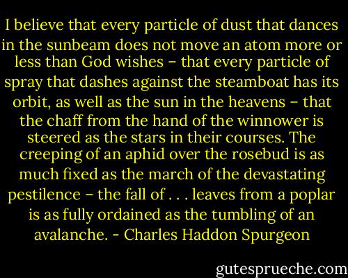I believe that every particle of dust that dances in the sunbeam does not move an atom more or less than God wishes – that every particle of spray that dashes against the steamboat has its orbit, as well as the sun in the heavens – that the chaff from the hand of the winnower is steered as the stars in their courses. The creeping of an aphid over the rosebud is as much fixed as the march of the devastating pestilence – the fall of . . . leaves from a poplar is as fully ordained as the tumbling of an avalanche. - Charles Haddon Spurgeon