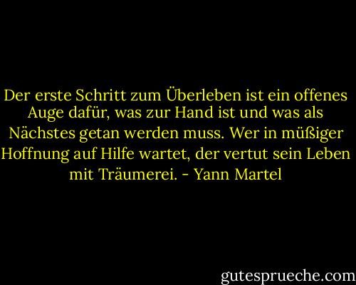 Der erste Schritt zum Überleben ist ein offenes Auge dafür, was zur Hand ist und was als Nächstes getan werden muss. Wer in müßiger Hoffnung auf Hilfe wartet, der vertut sein Leben mit Träumerei. - Yann Martel