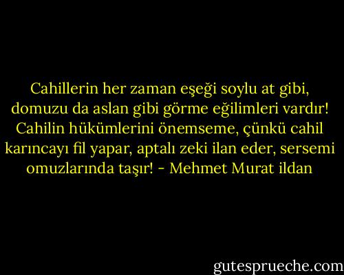 Cahillerin her zaman eşeği soylu at gibi, domuzu da aslan gibi görme eğilimleri vardır! Cahilin hükümlerini önemseme, çünkü cahil karıncayı fil yapar, aptalı zeki ilan eder, sersemi omuzlarında taşır! - Mehmet Murat ildan