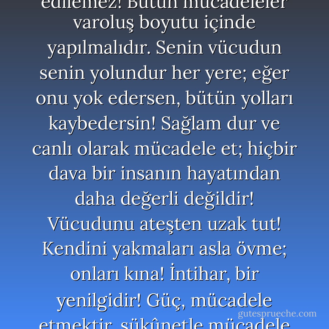 Adaletsizlikleri protesto etmek ya da özgürlük için kendi kendini yakmak kabul edilemez! Bütün mücadeleler varoluş boyutu içinde yapılmalıdır. Senin vücudun senin yolundur her yere; eğer onu yok edersen, bütün yolları kaybedersin! Sağlam dur ve canlı olarak mücadele et; hiçbir dava bir insanın hayatından daha değerli değildir! Vücudunu ateşten uzak tut! Kendini yakmaları asla övme; onları kına! İntihar, bir yenilgidir! Güç, mücadele etmektir, sükûnetle mücadele etmektir, acı içinde ölmek değil! - Mehmet Murat ildan