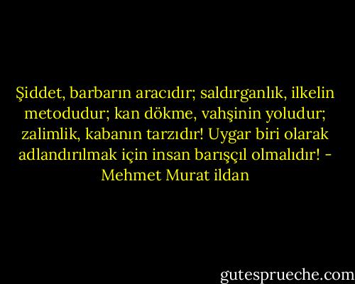 Şiddet, barbarın aracıdır; saldırganlık, ilkelin metodudur; kan dökme, vahşinin yoludur; zalimlik, kabanın tarzıdır! Uygar biri olarak adlandırılmak için insan barışçıl olmalıdır! - Mehmet Murat ildan