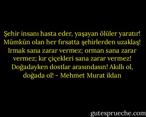 Şehir insanı hasta eder, yaşayan ölüler yaratır! Mümkün olan her fırsatta şehirlerden uzaklaş! Irmak sana zarar vermez; orman sana zarar vermez; kır çiçekleri sana zarar vermez! Doğadayken dostlar arasındasın! Akıllı ol, doğada ol! - Mehmet Murat ildan