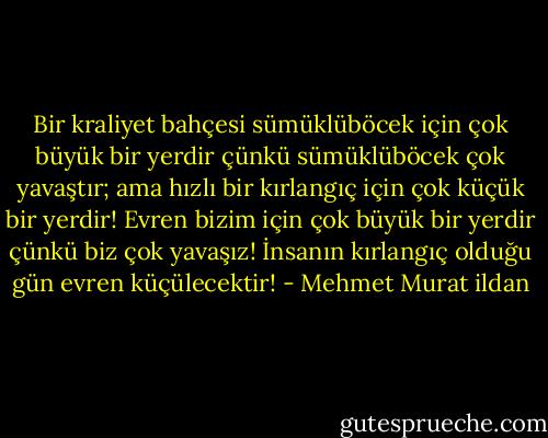 Bir kraliyet bahçesi sümüklüböcek için çok büyük bir yerdir çünkü sümüklüböcek çok yavaştır; ama hızlı bir kırlangıç için çok küçük bir yerdir! Evren bizim için çok büyük bir yerdir çünkü biz çok yavaşız! İnsanın kırlangıç olduğu gün evren küçülecektir! - Mehmet Murat ildan