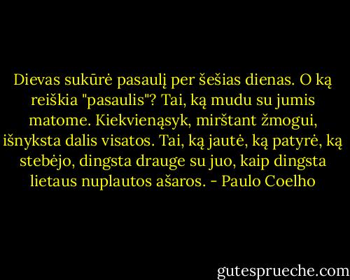 Dievas sukūrė pasaulį per šešias dienas. O ką reiškia "pasaulis"? Tai, ką mudu su jumis matome. Kiekvienąsyk, mirštant žmogui, išnyksta dalis visatos. Tai, ką jautė, ką patyrė, ką stebėjo, dingsta drauge su juo, kaip dingsta lietaus nuplautos ašaros. - Paulo Coelho