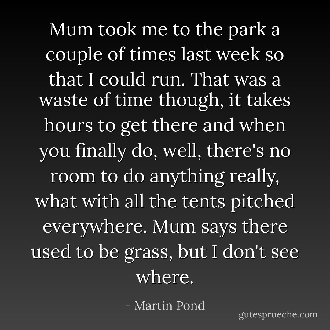 Mum took me to the park a couple of times last week so that I could run. That was a waste of time though, it takes hours to get there and when you finally do, well, there's no room to do anything really, what with all the tents pitched everywhere. Mum says there used to be grass, but I don't see where. - Martin Pond