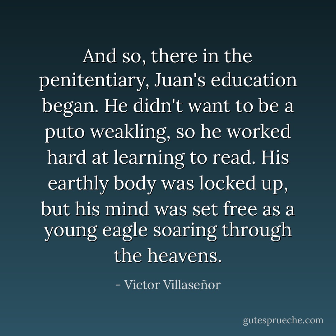 And so, there in the penitentiary, Juan's education began. He didn't want to be a puto weakling, so he worked hard at learning to read. His earthly body was locked up, but his mind was set free as a young eagle soaring through the heavens. - Victor Villaseñor