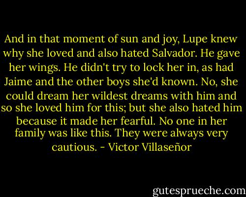 And in that moment of sun and joy, Lupe knew why she loved and also hated Salvador. He gave her wings. He didn't try to lock her in, as had Jaime and the other boys she'd known. No, she could dream her wildest dreams with him and so she loved him for this; but she also hated him because it made her fearful. No one in her family was like this. They were always very cautious. - Victor Villaseñor