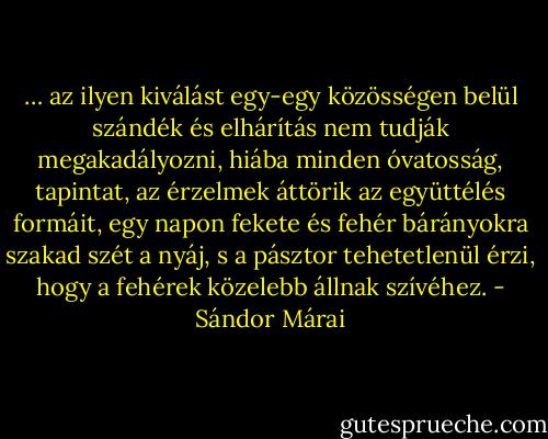 … az ilyen kiválást egy-egy közösségen belül szándék és elhárítás nem tudják megakadályozni, hiába minden óvatosság, tapintat, az érzelmek áttörik az együttélés formáit, egy napon fekete és fehér bárányokra szakad szét a nyáj, s a pásztor tehetetlenül érzi, hogy a fehérek közelebb állnak szívéhez. - Sándor Márai