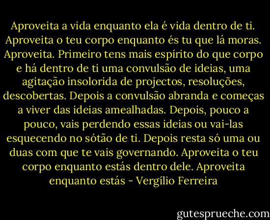 Aproveita a vida enquanto ela é vida dentro de ti. Aproveita o teu corpo enquanto és tu que lá moras. Aproveita. Primeiro tens mais espírito do que corpo<br />e há dentro de ti uma convulsão de ideias, uma agitação insolorida de projectos, resoluções, descobertas.<br />Depois a convulsão abranda e começas a viver das ideias amealhadas.<br />Depois, pouco a pouco, vais perdendo essas ideias ou vai-las esquecendo no<br />sótão de ti. Depois resta só uma ou duas com que te vais governando.<br />Aproveita o teu corpo enquanto estás dentro dele.<br />Aproveita enquanto estás - Vergílio Ferreira