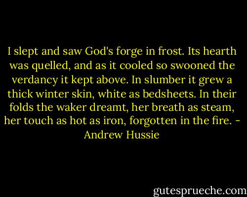I slept and saw God's forge in frost. Its hearth was quelled, and as it cooled so swooned the verdancy it kept above. In slumber it grew a thick winter skin, white as bedsheets. In their folds the waker dreamt, her breath as steam, her touch as hot as iron, forgotten in the fire. - Andrew Hussie