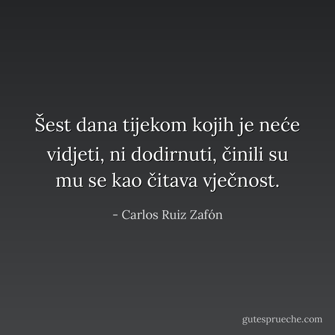 Šest dana tijekom kojih je neće vidjeti, ni dodirnuti, činili su mu se kao čitava vječnost. - Carlos Ruiz Zafón