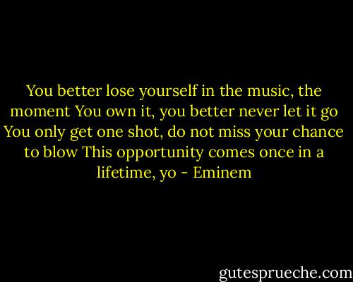 You better lose yourself in the music, the moment<br />You own it, you better never let it go<br />You only get one shot, do not miss your chance to blow<br />This opportunity comes once in a lifetime, yo - Eminem