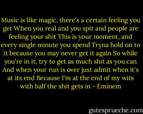 Music is like magic, there's a certain feeling you get<br />When you real and you spit and people are feeling your shit<br />This is your moment, and every single minute you spend<br />Tryna hold on to it because you may never get it again<br />So while you're in it, try to get as much shit as you can<br />And when your run is over just admit when it's at its end<br />Because I'm at the end of my wits with half the shit gets in - Eminem