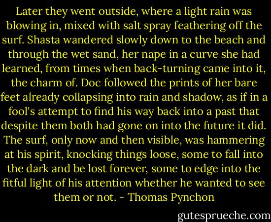 Later they went outside, where a light rain was blowing in, mixed with salt spray feathering off the surf. Shasta wandered slowly down to the beach and through the wet sand, her nape in a curve she had learned, from times when back-turning came into it, the charm of. Doc followed the prints of her bare feet already collapsing into rain and shadow, as if in a fool's attempt to find his way back into a past that despite them both had gone on into the future it did. The surf, only now and then visible, was hammering at his spirit, knocking things loose, some to fall into the dark and be lost forever, some to edge into the fitful light of his attention whether he wanted to see them or not. - Thomas Pynchon