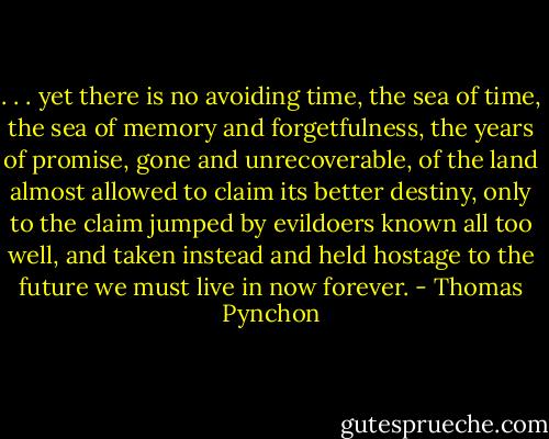 . . . yet there is no avoiding time, the sea of time, the sea of memory and forgetfulness, the years of promise, gone and unrecoverable, of the land almost allowed to claim its better destiny, only to the claim jumped by evildoers known all too well, and taken instead and held hostage to the future we must live in now forever. - Thomas Pynchon