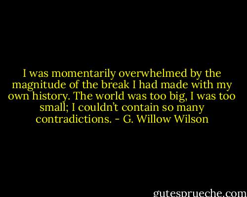 I was momentarily overwhelmed by the magnitude of the break I had made with my own history. The world was too big, I was too small; I couldn’t contain so many contradictions. - G. Willow Wilson