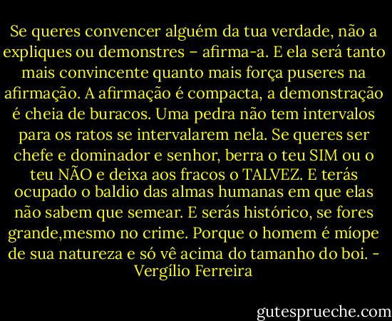 Se queres convencer alguém da tua verdade, não a expliques ou demonstres – afirma-a. E ela será tanto mais convincente quanto mais força puseres na afirmação. A afirmação é compacta, a demonstração é cheia de buracos. Uma pedra não tem intervalos para os ratos se intervalarem nela. Se queres ser chefe e dominador e senhor, berra o teu SIM ou o teu NÃO e deixa aos fracos o TALVEZ. E terás ocupado o baldio das almas humanas em que elas não sabem que semear. E serás histórico, se fores grande,mesmo no crime. Porque o homem é míope de sua natureza e só vê acima do tamanho do boi. - Vergílio Ferreira
