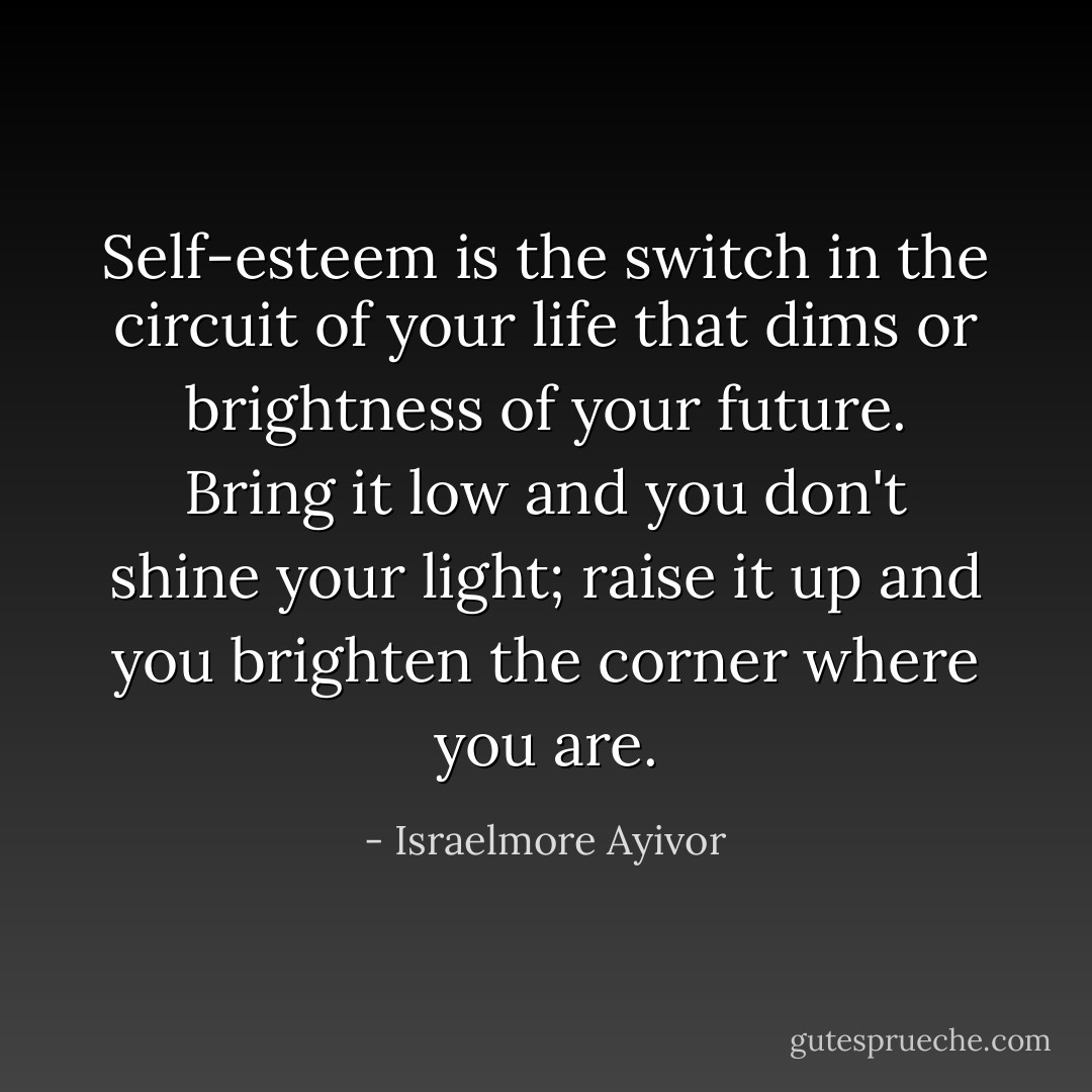 Self-esteem is the switch in the circuit of your life that dims or brightness of your future. Bring it low and you don't shine your light; raise it up and you brighten the corner where you are. - Israelmore Ayivor