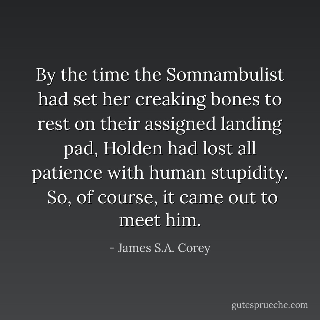 By the time the Somnambulist had set her creaking bones to rest on their assigned landing pad, Holden had lost all patience with human stupidity.<br /><br />So, of course, it came out to meet him. - James S.A. Corey
