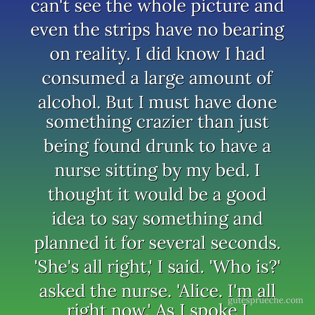 There, there, best to bring it all up,' she said. My memory was in shreds. Imagine a photograph cut into narrow strips then jumbled up. Everything is there, but you can't see the whole picture and even the strips have no bearing on reality. I did know I had consumed a large amount of alcohol. But I must have done something crazier than just being found drunk to have a nurse sitting by my bed. I thought it would be a good idea to say something and planned it for several seconds. 'She's all right,' I said. 'Who is?' asked the nurse. 'Alice. I'm all right now.' As I spoke I wondered if I had said something wrong. didn't sound like me. There were so many voices muttering in the background it was hard to tell. - Alice Jamieson
