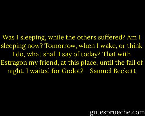 Was I sleeping, while the others suffered? Am I sleeping now? Tomorrow, when I wake, or think I do, what shall I say of today? That with Estragon my friend, at this place, until the fall of night, I waited for Godot? - Samuel Beckett