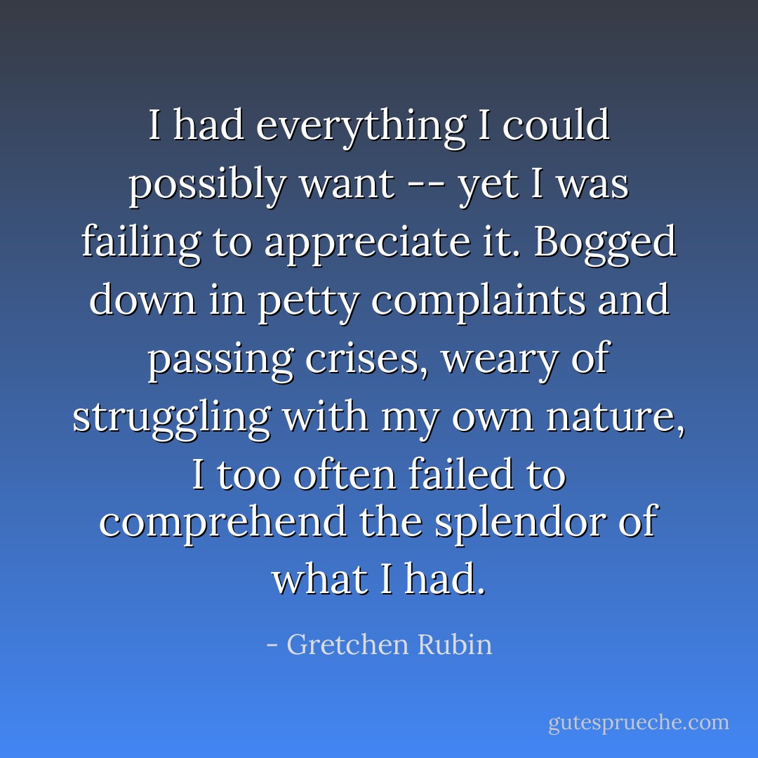 I had everything I could possibly want -- yet I was failing to appreciate it. Bogged down in petty complaints and passing crises, weary of struggling with my own nature, I too often failed to comprehend the splendor of what I had. - Gretchen Rubin