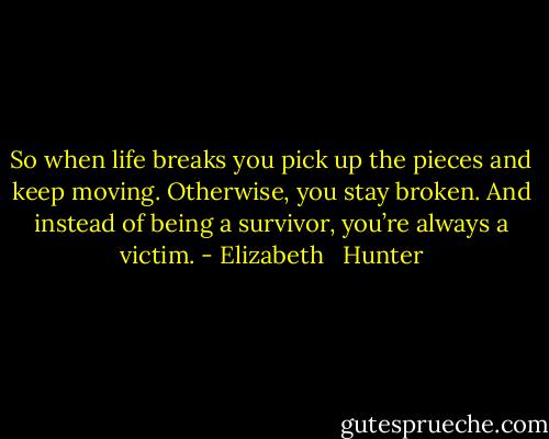 So when life breaks you pick up the pieces and keep moving. Otherwise, you stay broken. And instead of being a survivor, you’re always a victim. - Elizabeth   Hunter