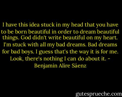 I have this idea stuck in my head that you have to be born beautiful in order to dream beautiful things. God didn't write beautiful on my heart. I'm stuck with all my bad dreams. Bad dreams for bad boys. I guess that's the way it is for me. Look, there's nothing I can do about it. - Benjamin Alire Sáenz