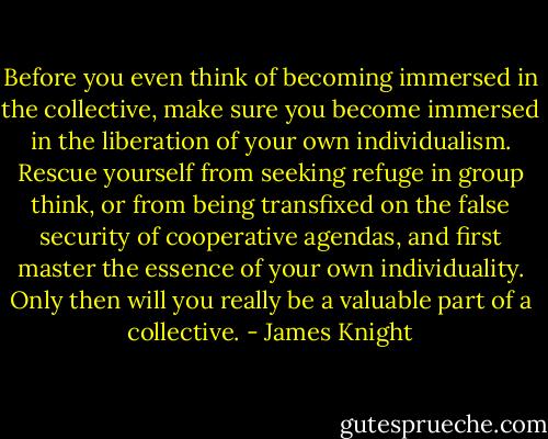 Before you even think of becoming immersed in the collective, make sure you become immersed in the liberation of your own individualism. Rescue yourself from seeking refuge in group think, or from being transfixed on the false security of cooperative agendas, and first master the essence of your own individuality. Only then will you really be a valuable part of a collective. - James Knight
