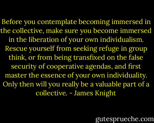 Before you contemplate becoming immersed in the collective, make sure you become immersed in the liberation of your own individualism. Rescue yourself from seeking refuge in group think, or from being transfixed on the false security of cooperative agendas, and first master the essence of your own individuality. Only then will you really be a valuable part of a collective. - James Knight