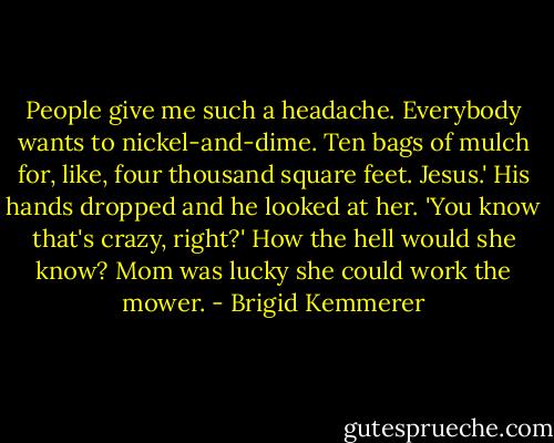People give me such a headache. Everybody wants to nickel-and-dime. Ten bags of mulch for, like, four thousand square feet. Jesus.' His hands dropped and he looked at her. 'You know that's crazy, right?' How the hell would she know? Mom was lucky she could work the mower. - Brigid Kemmerer