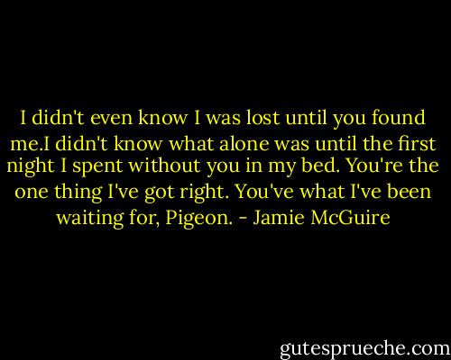 I didn't even know I was lost until you found me.I didn't know what alone was until the first night I spent without you in my bed. You're the one thing I've got right. You've what I've been waiting for, Pigeon. - Jamie McGuire