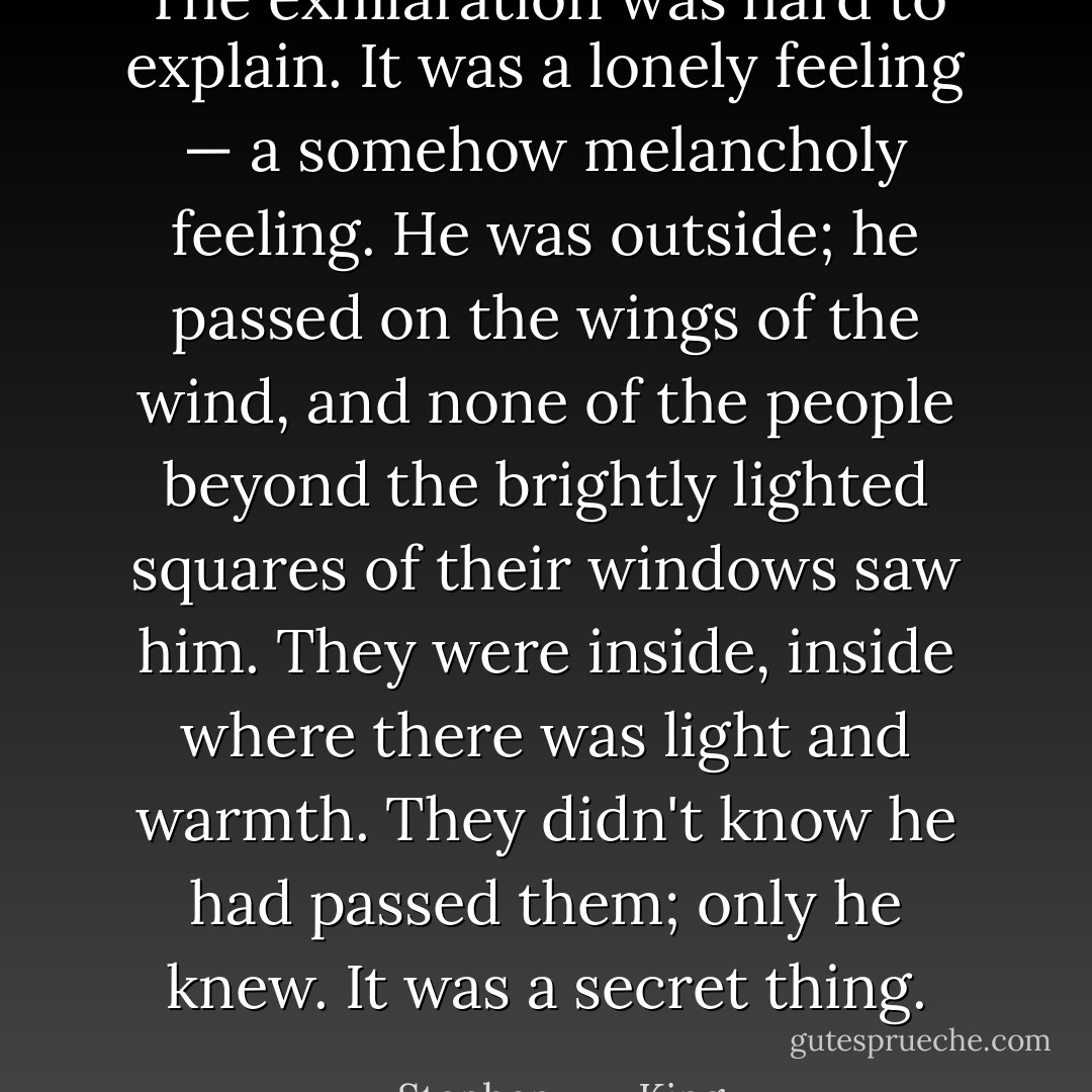 The exhilaration was hard to explain. It was a lonely feeling — a somehow melancholy feeling. He was outside; he passed on the wings of the wind, and none of the people beyond the brightly lighted squares of their windows saw him. They were inside, inside where there was light and warmth. They didn't know he had passed them; only he knew. It was a secret thing. - Stephen        King