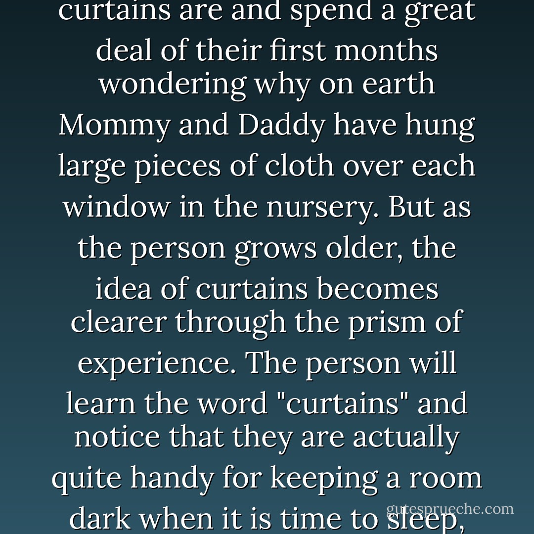 Occasionally, events in one's life become clearer through the prism of experience, a phrase which simply means that things tend to be clearer as time goes on. For instance, when a person is just born, they usually have no idea what curtains are and spend a great deal of their first months wondering why on earth Mommy and Daddy have hung large pieces of cloth over each window in the nursery. But as the person grows older, the idea of curtains becomes clearer through the prism of experience. The person will learn the word "curtains" and notice that they are actually quite handy for keeping a room dark when it is time to sleep, and for decorating an otherwise boring window area. Eventually, they will entirely accept the idea of curtains of their own, or venetian blinds, and it is all due to the prism of experience. - Lemony Snicket