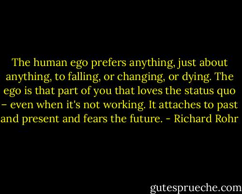 The human ego prefers anything, just about anything, to falling, or changing, or dying. The ego is that part of you that loves the status quo – even when it's not working. It attaches to past and present and fears the future. - Richard Rohr