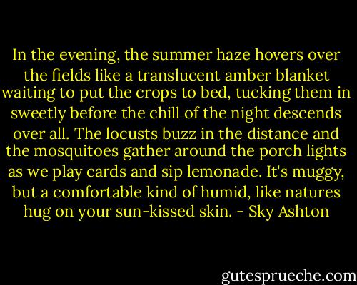In the evening, the summer haze hovers over the fields like a translucent amber blanket waiting to put the crops to bed, tucking them in sweetly before the chill of the night descends over all. The locusts buzz in the distance and the mosquitoes gather around the porch lights as we play cards and sip lemonade. It's muggy, but a comfortable kind of humid, like natures hug on your sun-kissed skin. - Sky Ashton