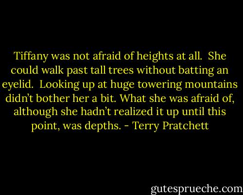 Tiffany was not afraid of heights at all.  She could walk past tall trees without batting an eyelid.  Looking up at huge towering mountains didn’t bother her a bit.<br />What she was afraid of, although she hadn’t realized it up until this point, was depths. - Terry Pratchett