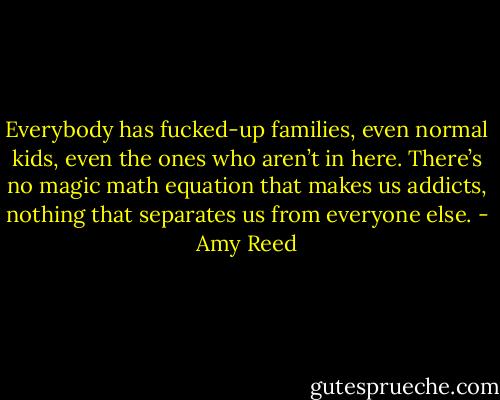 Everybody has fucked-up families, even normal kids, even the ones who aren’t in here. There’s no magic math equation that makes us addicts, nothing that separates us from everyone else. - Amy Reed