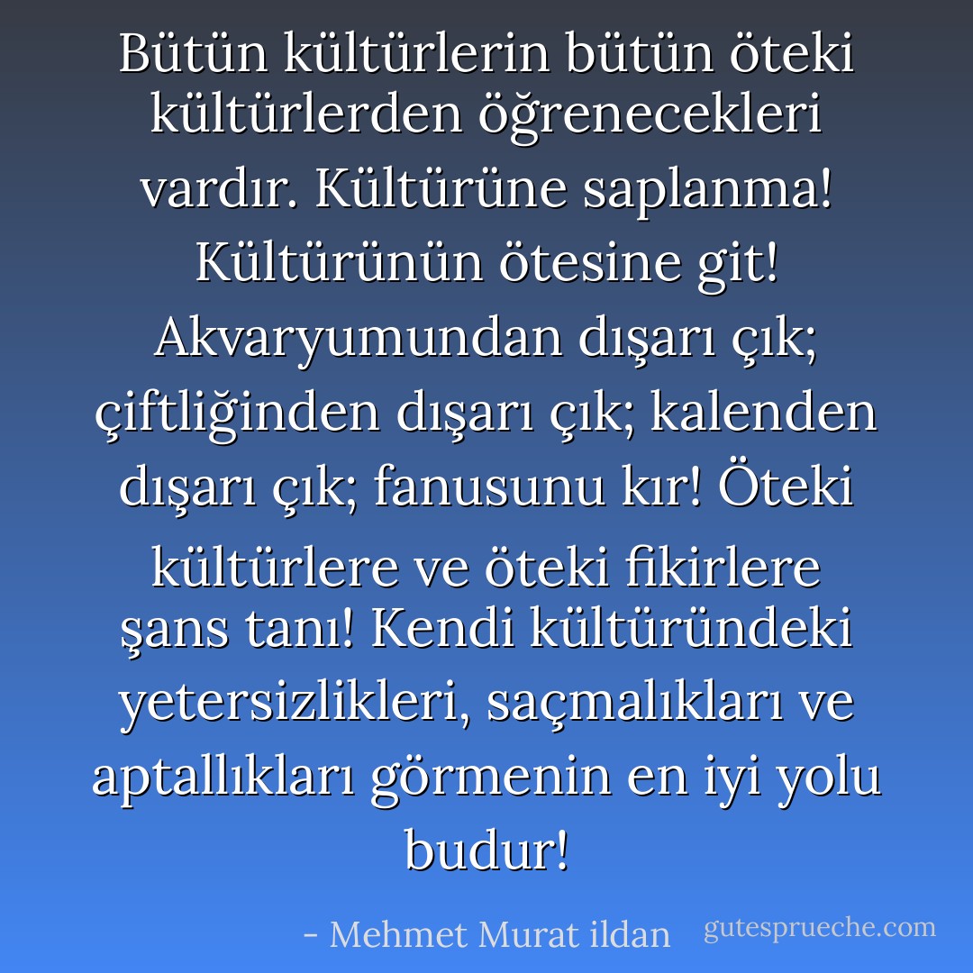 Bütün kültürlerin bütün öteki kültürlerden öğrenecekleri vardır. Kültürüne saplanma! Kültürünün ötesine git! Akvaryumundan dışarı çık; çiftliğinden dışarı çık; kalenden dışarı çık; fanusunu kır! Öteki kültürlere ve öteki fikirlere şans tanı! Kendi kültüründeki yetersizlikleri, saçmalıkları ve aptallıkları görmenin en iyi yolu budur! - Mehmet Murat ildan