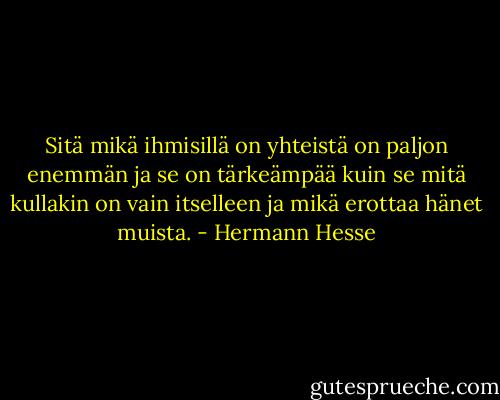 Sitä mikä ihmisillä on yhteistä on paljon enemmän ja se on tärkeämpää kuin se mitä kullakin on vain itselleen ja mikä erottaa hänet muista. - Hermann Hesse
